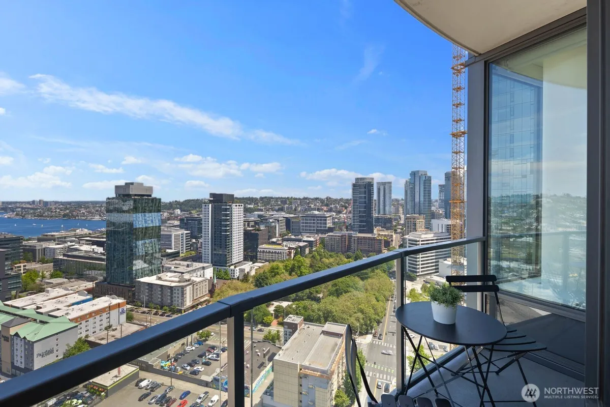 Balcony view over downtown Seattle from 2510 6th Avenue, Unit 2502, a condo listing represented by Wesley Gardner